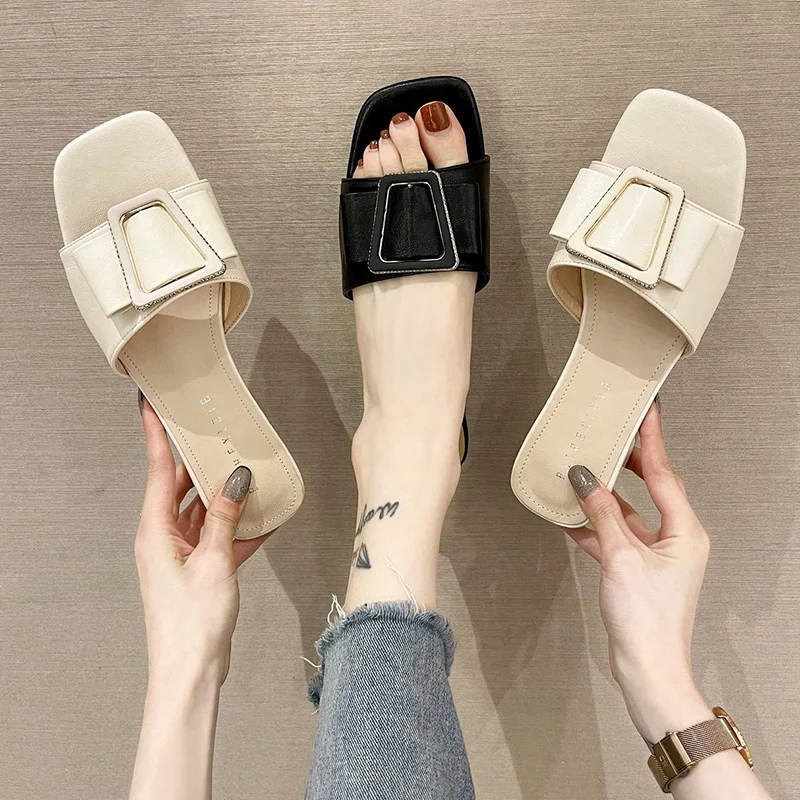 

Med Shoes Ladies' Slippers Luxury Slides Slipers Women Square heel Designer 2021 Block Soft Rome Hoof Heels PU Shoes Ladies' Sli