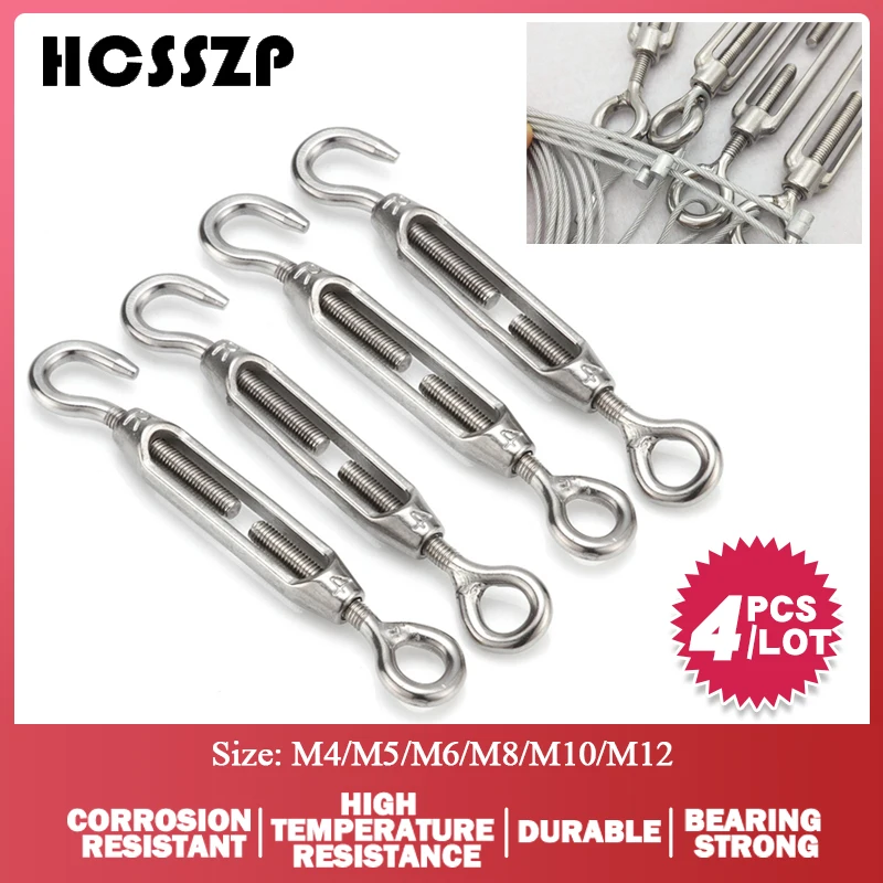 4 шт. M4/M5/M6/M8/M10/M12 крючок для крючков с застежкой из нержавеющей стали 316 регулируемая цепь Такелажный крюк вращается цепь натяжитель троса