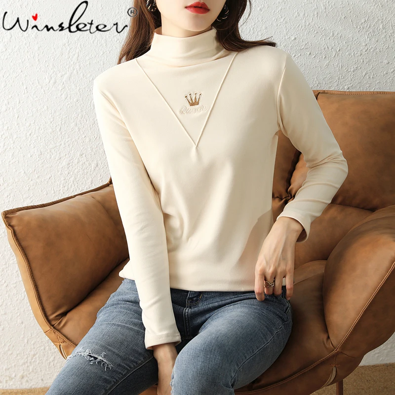 

Весенняя теплая Женская футболка 2022, тонкие флисовые топы с вышивкой короны, ложным воротником и длинным рукавом, эластичные повседневные т...