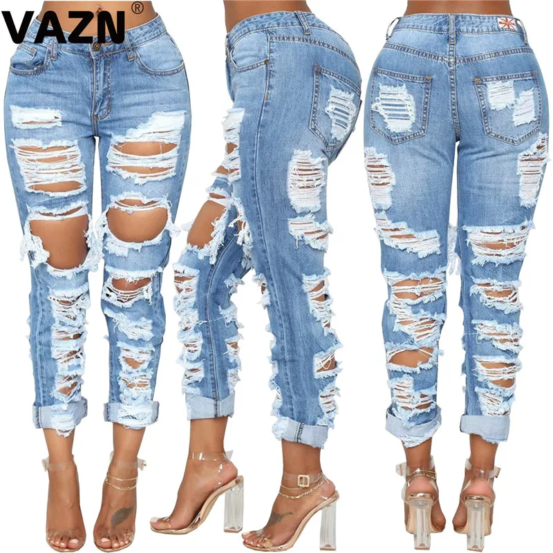 VAZN HSF2061 хит продаж товар 2019 летние сексуальные женские синие джинсы свободные