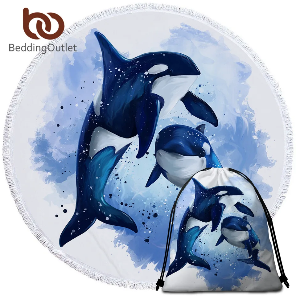 

BeddingOutlet Orcinus Orca Beach Towel Killer Whales Summer Blanket Marine Life Beach Mat Blue Watercolor Microfiber Towel 150cm