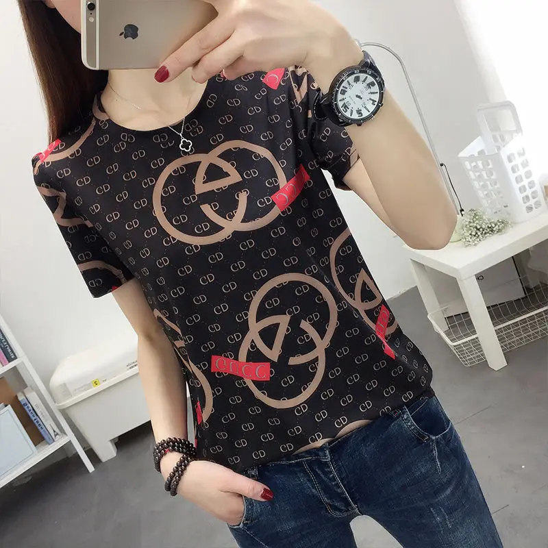 

T-shirt 2021 Summer Cotton Korean Style Short-Sleeved Printed T-shirt Women 's Loose Slimming and All -Matching T-shirt