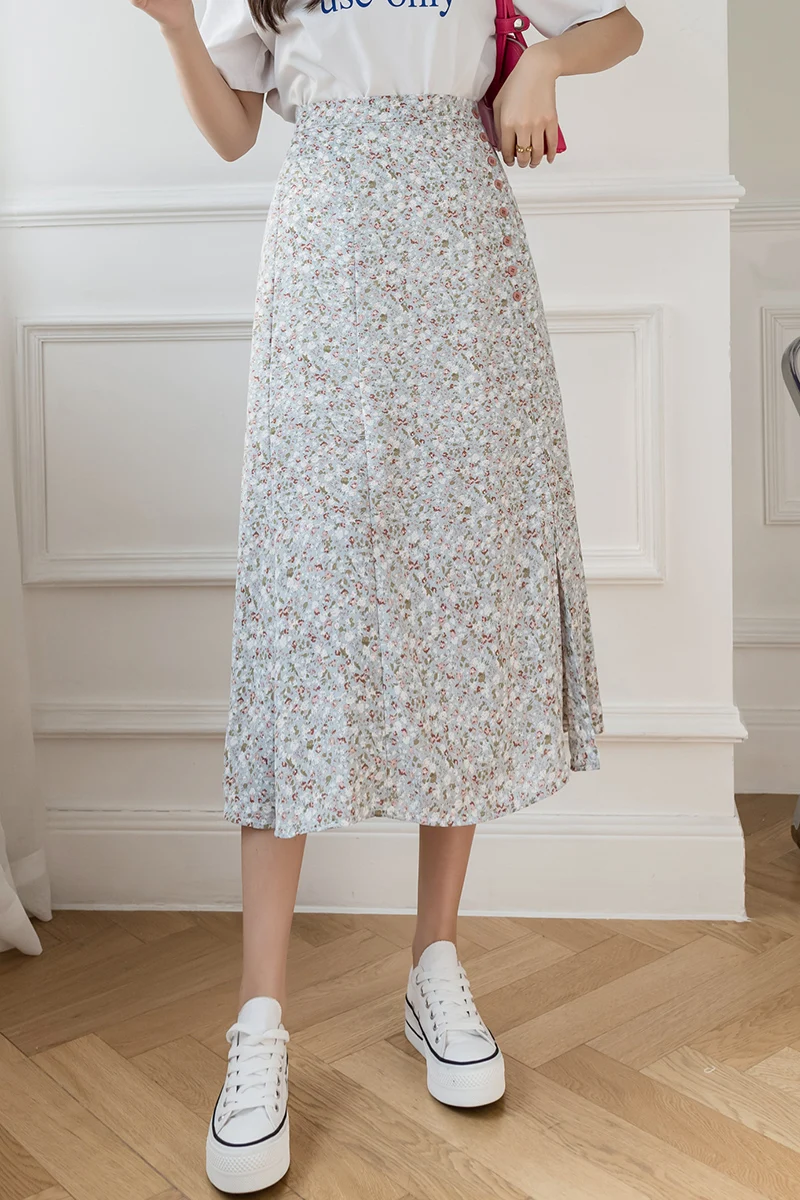 

Split Floral Skirt Women's Mid-length Summer 2021 Design Sense Niche A-line High-waisted Slim Long Skirt Jupe