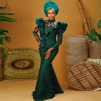 hunter green aso ebi style prom dresses long sleeves african mermaid evening dresses ruffled lace elegant nigerian formal gowns