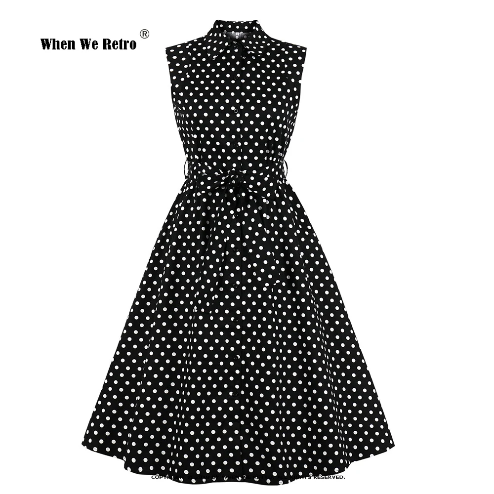 

2021 Sleeveless Polka Dots Summer Black Dress VD1921 Tunic A Line Swing Cotton Retro 50s 60s Hepburn Vintage Dresses