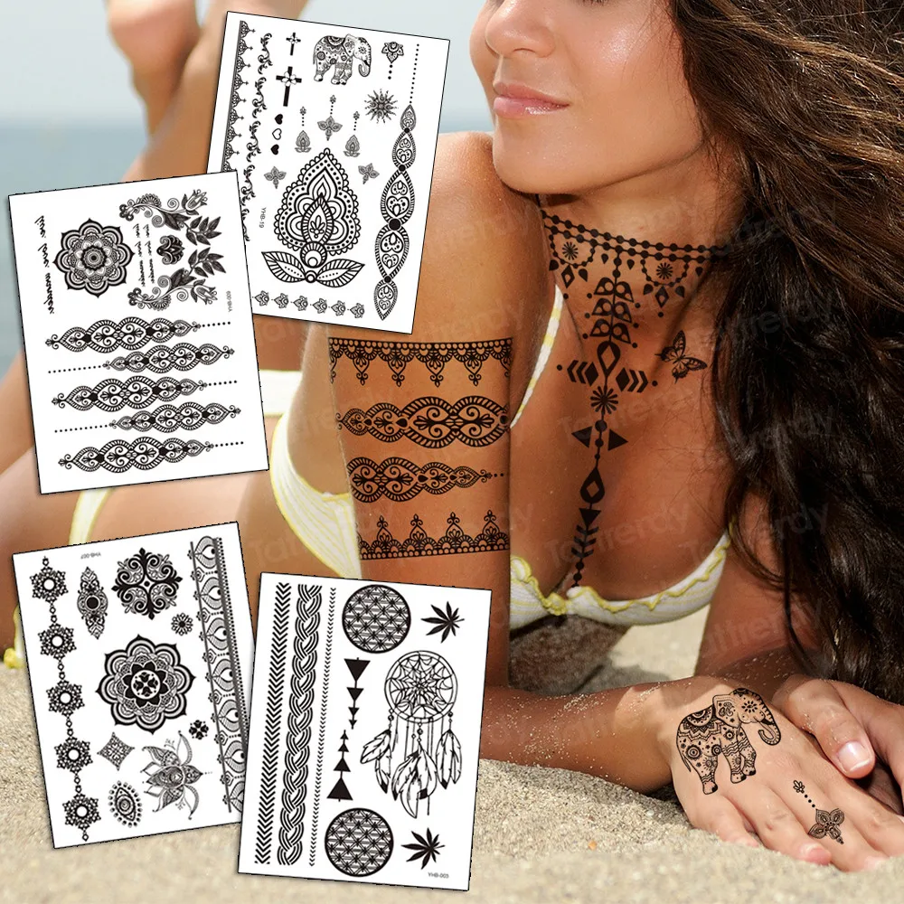 

New Indian Black Women Henna Temporary Tattoo Stickers Waterproof Mehndi Feather Fake Tatoos Body Art Mandala Flower Tattoos