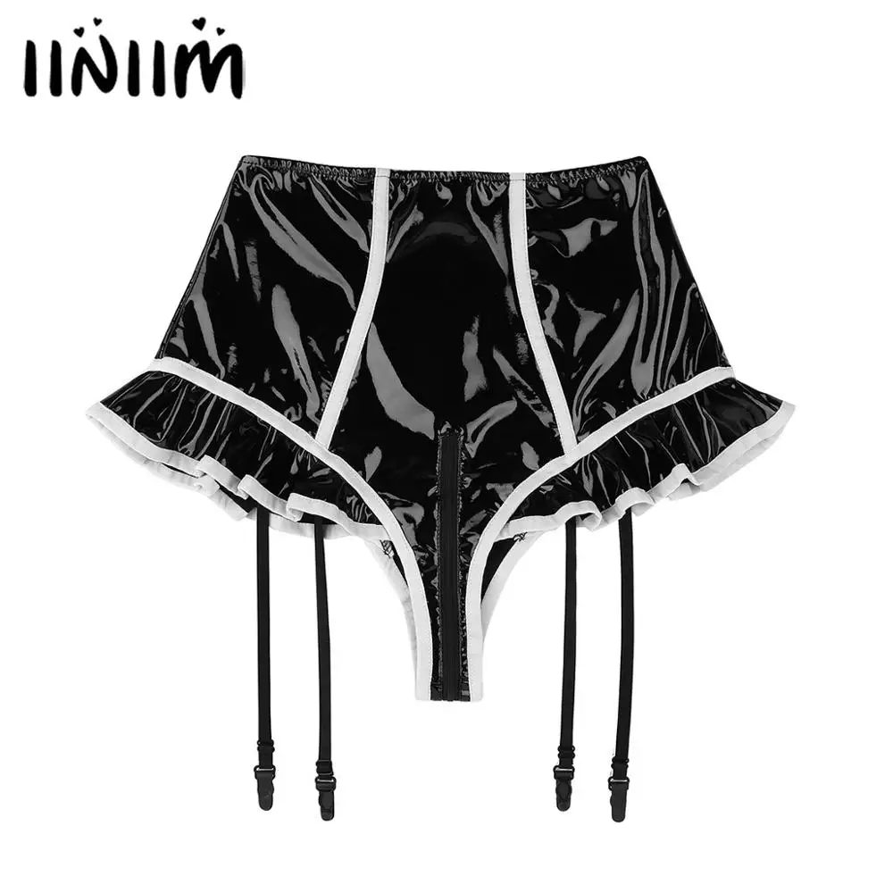 

Womens Wetlook Miad Dress Panties latex Ruffled Lined Zipper Crotch Surspender Mini Shorts with Plastic Garters Sexy Clubwear