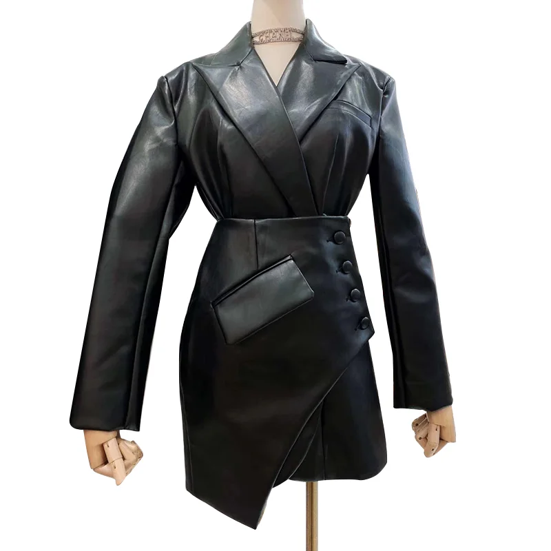 

TWOTWINSTYLE Leather Casual Blazer For Women Notched Long Sleeve High Waist Irregular Hem Coat Female 2020 Autumn Fashion New