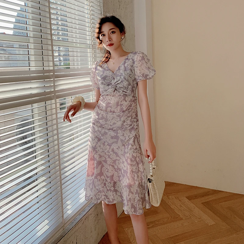 

Women Midi Floral Bodycon Dress Summer 2022 Runway Elegant Vintage Korean Casual Party Wrap Dress Boho Tropical Vacation Dresses