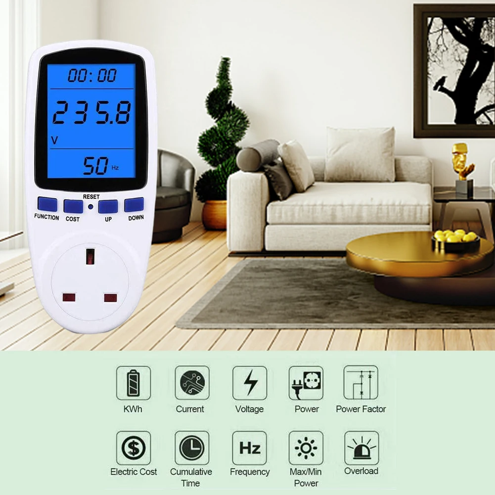 

Electricity Usage Meter Backlight LCD Display Power Voltage Usage Consumption Socket Measure Voltage Current Energy Frequency