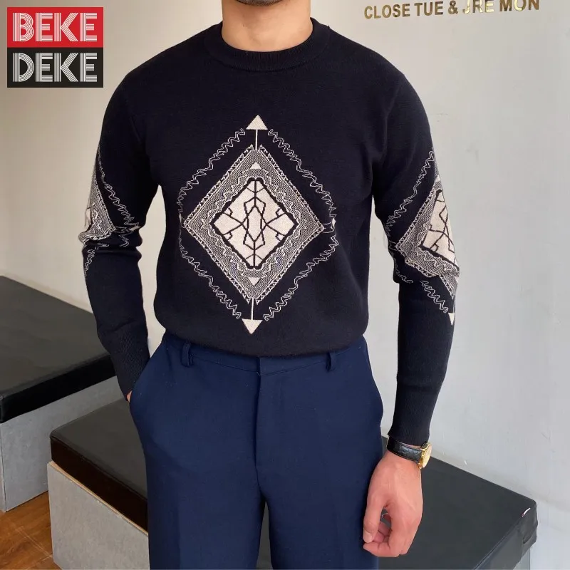 Men Winter Thicken Warm Pullover Sweater Fashion Geometric Patterns O Neck Long Sleeve Knitting Tops Men Vintage Casual Sweaters