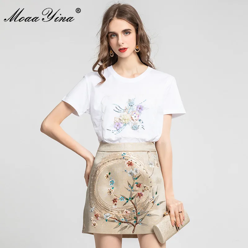 

MoaaYina Fashion Designer Summer Skirts Suit Women's Casual White Short sleeve Tops and Beading Floral print Skirts 2 Pieces Set