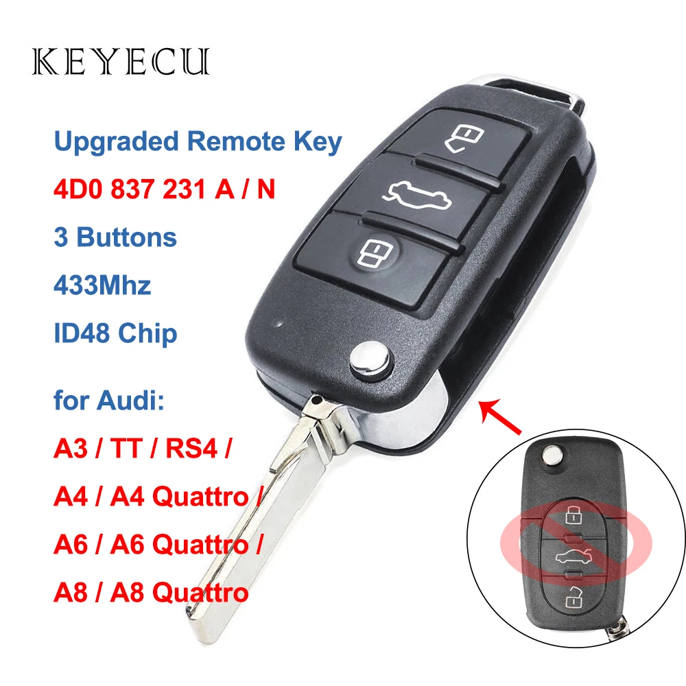 Обновленный флип модуль Keyecu 433 МГц ID48 чип для Audi TT RS4 A3 A4 A6 A8 Quattro P/N: 4D0837231A /