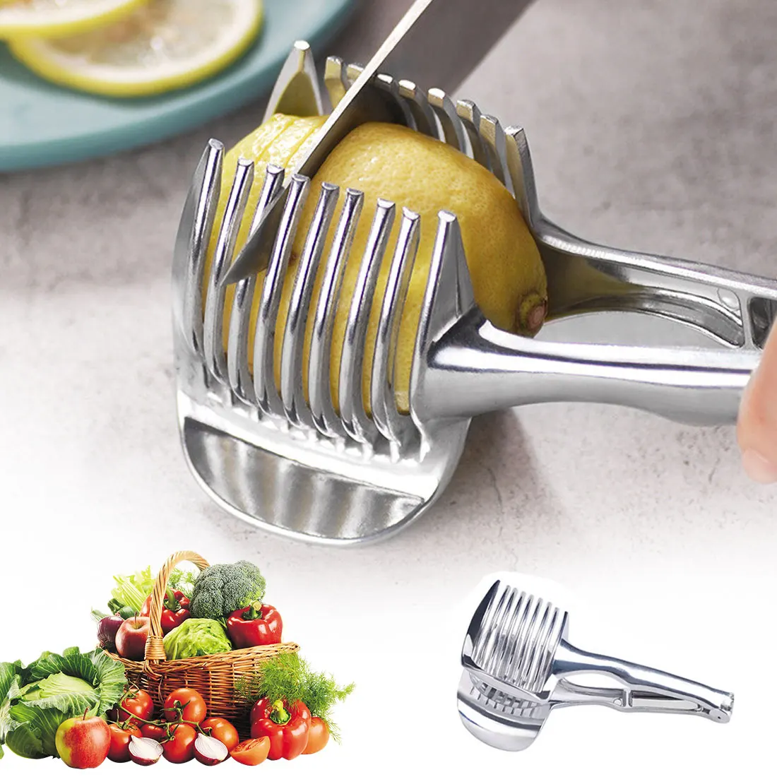 

Kitchen Gadgets Handy Stainless Steel Onion Holder Potato Tomato Slicer Vegetable Fruit Cutter Safety Cooking Tools Accessories