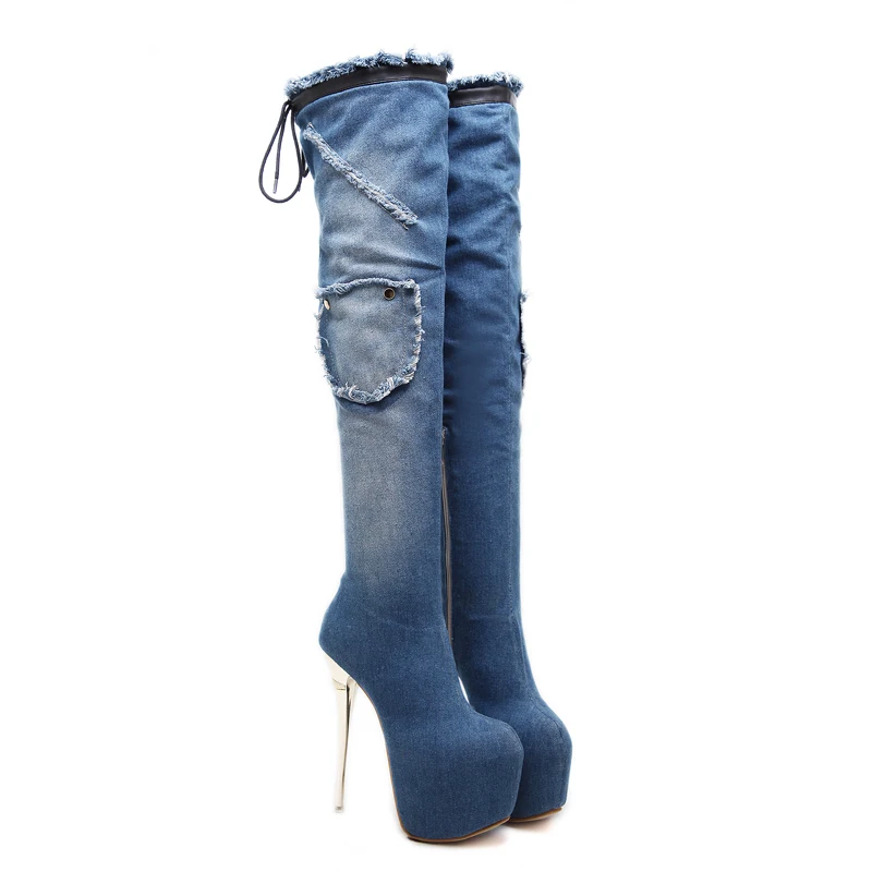 Bottines Femme/женская зимняя обувь; синие джинсовые сапоги выше колена; женские модные высокие сапоги; сапоги на платформе и каблуке 16 см; женские сапоги на высоком каблуке