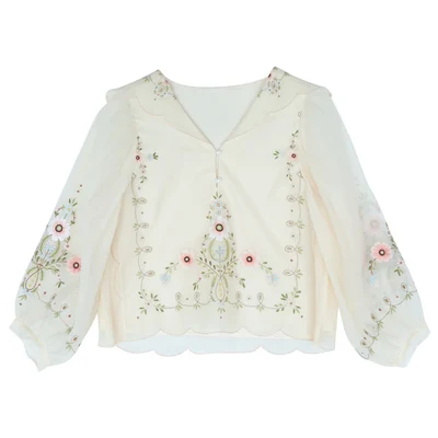 Beige White Линетт's chinoisury летний дизайн для женщин Мори девушки Вышивка Винтаж Портной Воротник античный отдых рубашки/блузки - Цвет: Beige White