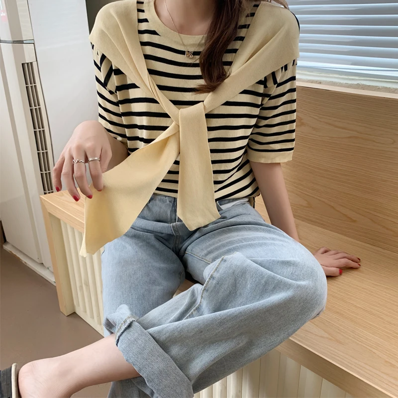 

HziriP Women Tees 2021 Summer Stripe knitting Shawl Fresh Female T-shirts Casual Short Sleeve O-neck All-match Office Lady Tops