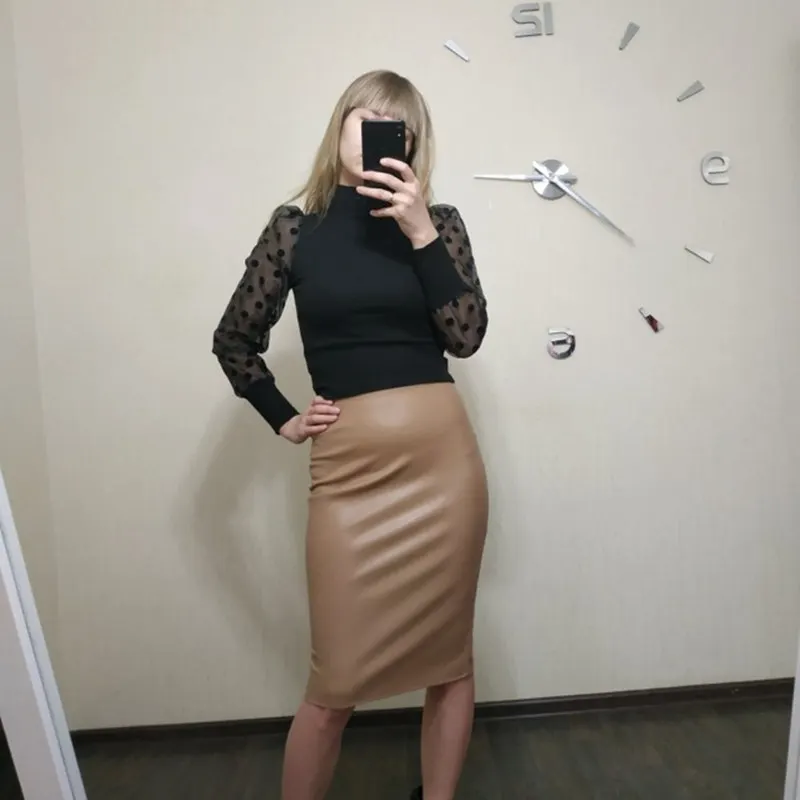 Женская юбка карандаш из искусственной кожи REALEFT зеленая элегантная средней