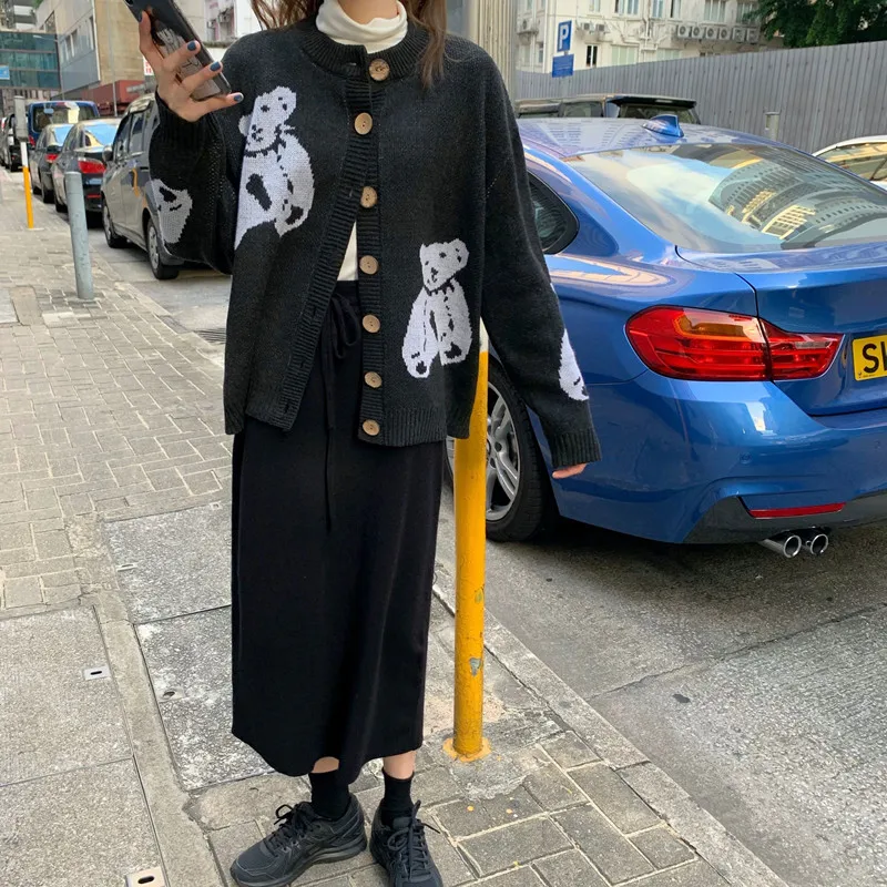 Shop1314 рисунок с милым медведем вязаный свитер женский кардиган Feminino Повседневный