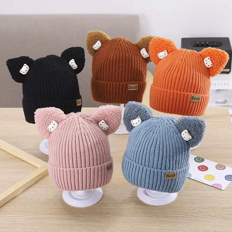 

Knitted Hat Elastic Pullover Woolen Cap with Pointed Ears for Boys and Girls To Keep Warm Cartoon Bear Puppet