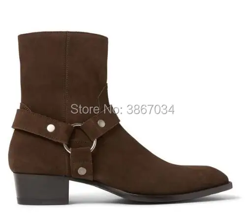 SHOOEGLE Distressed Cowboy Boots Men Brown Black Coffee Ankle Buckle Strap Chains Low Heels Western |