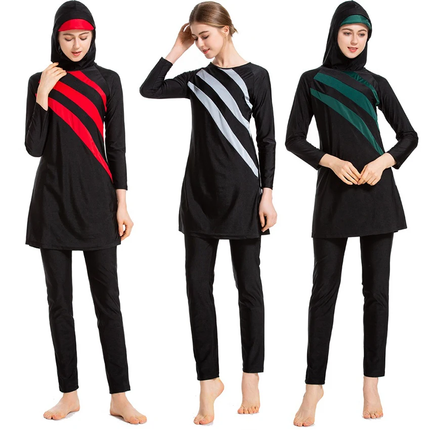 

Burkini 2021 New Long Sleeves Muslim Swimwear Women Patchwork Color Hijab Maillot De Bain Femme Swimsuit Islamic Swim Wear