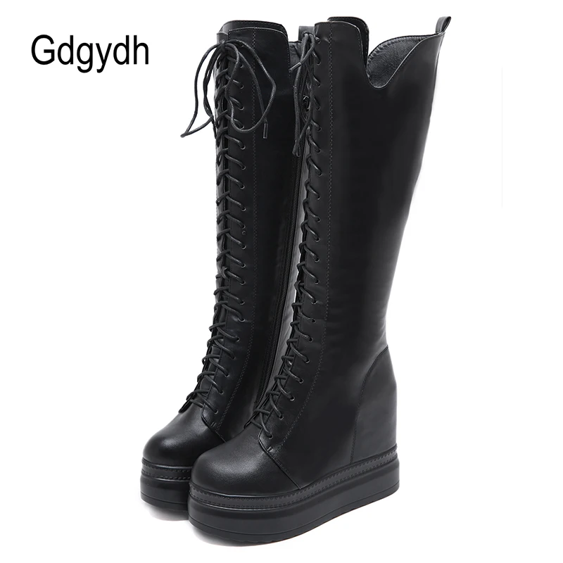 

Gdgydh New Women's Long Boots Autumn Winter Knee High Boots Fur Leather Wedge Heels Platform Fashion Ladies White Shoes Rubber