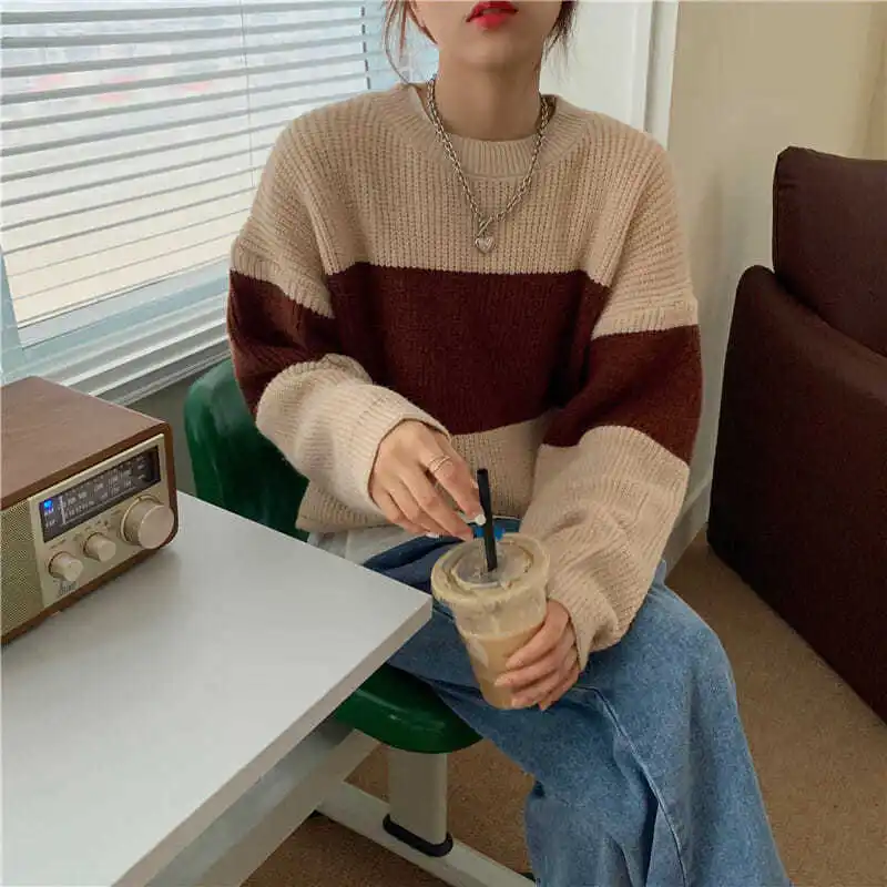 Японский цветной свитер женская одежда 2021 Новый Свободный пуловер ленивый