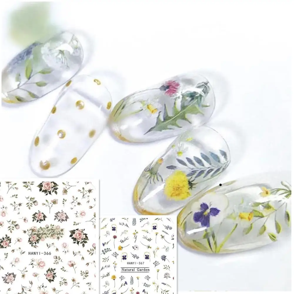 

Newest Natural Garden Flower Design 3D Self Adhesive Back Glue Decal Stamping DIY Decoration Tips Nail Stickers Hanyi-366 367