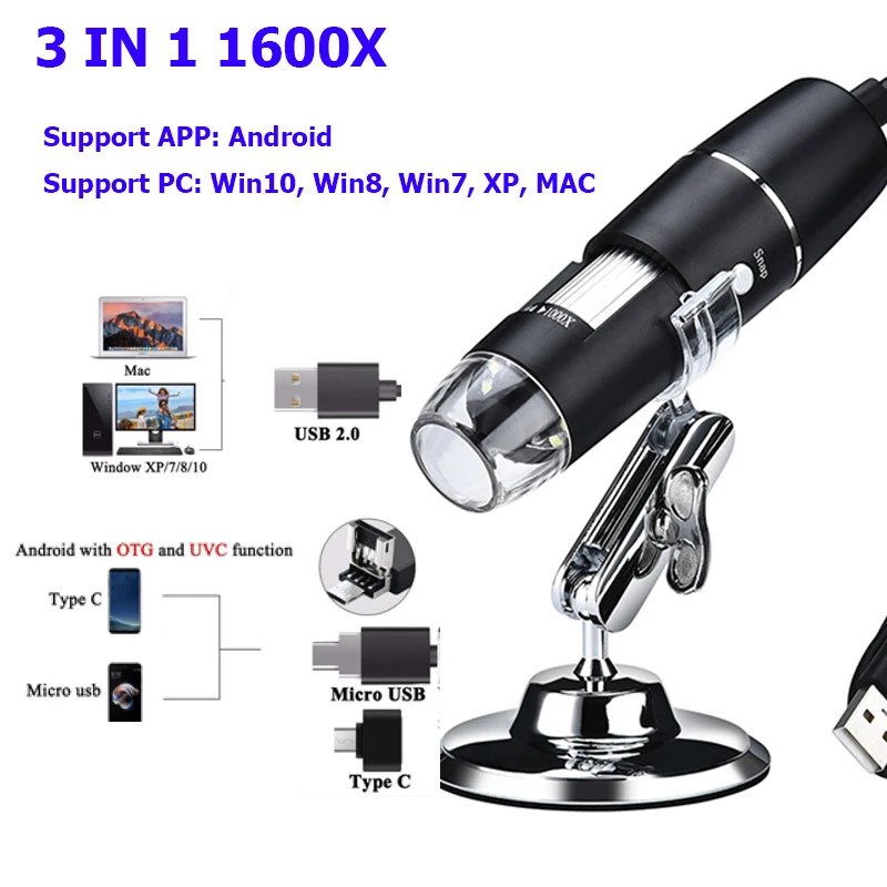 1000x / 1600x светодиодный USB цифровой микроскоп Эндоскоп камера микроскопия для