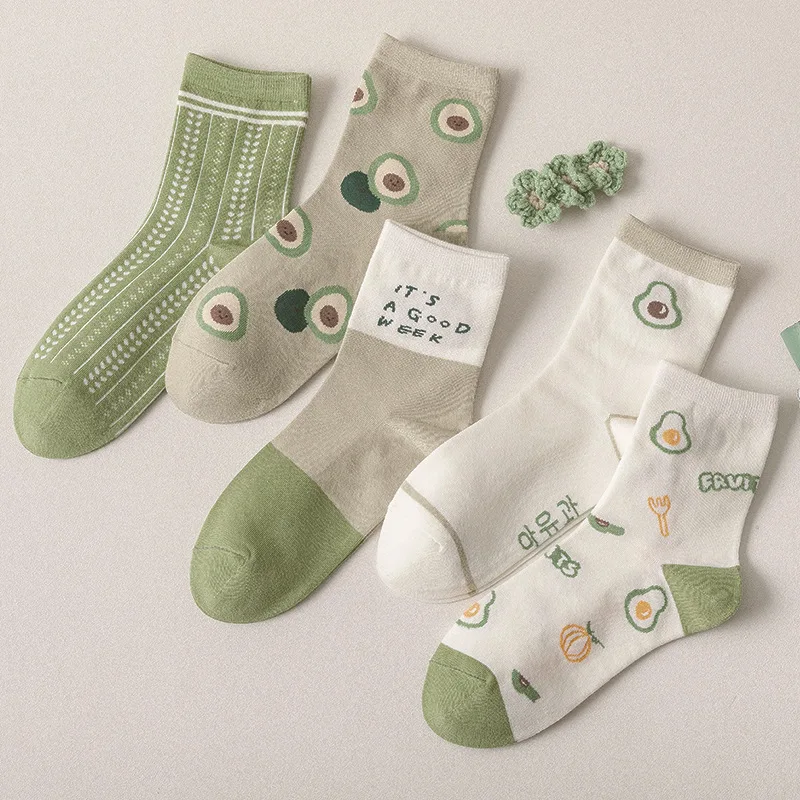 

2021 spring and summer new socks female green avocado twist series student socks with letters and color matching socks