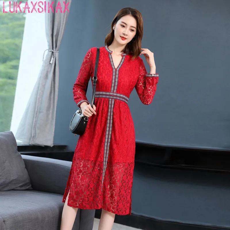 

Новинка сезона весна-осень 2020, женское платье LUKAXSIKAX с длинным рукавом, подиумное платье в стиле ретро, в этническом стиле, лоскутное кружевн...