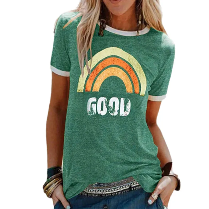

Hot Selling Women's Top Good Rainbow Print Round Neck Short Sleeve T-Shirt