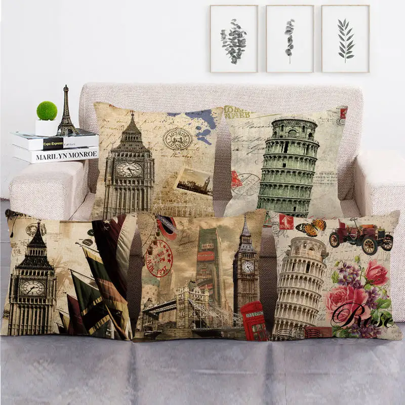 45 см * ретро дизайн Пизанской башни льна/хлопковая подушка для дивана Чехлы