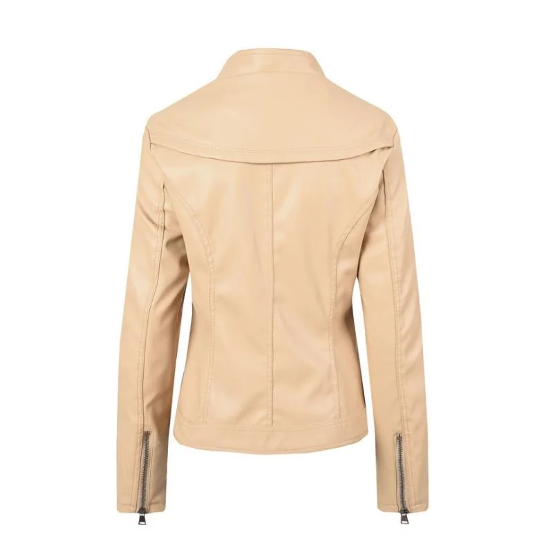 

Women's Leather Jacket Small Stature Stand Collar Zipper Black Faux Leather Jacket Slim Style Autumn Female Outwear