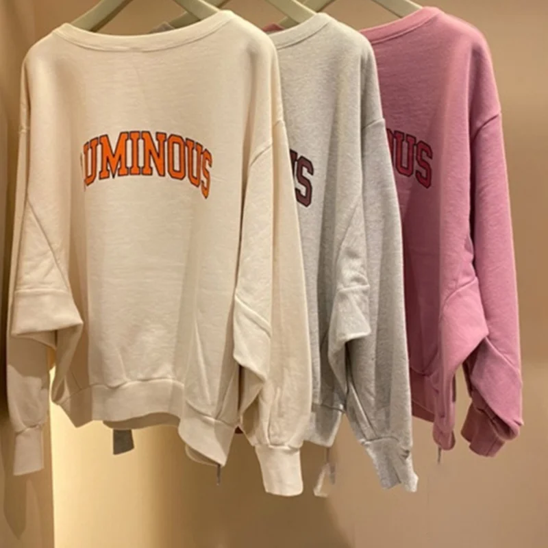 

Casual Drop Shoulder Women Hoodies Chic Letter Print Pattern Design Sweatshirt New Casual Simple Pullover Hoody 2021 Spring
