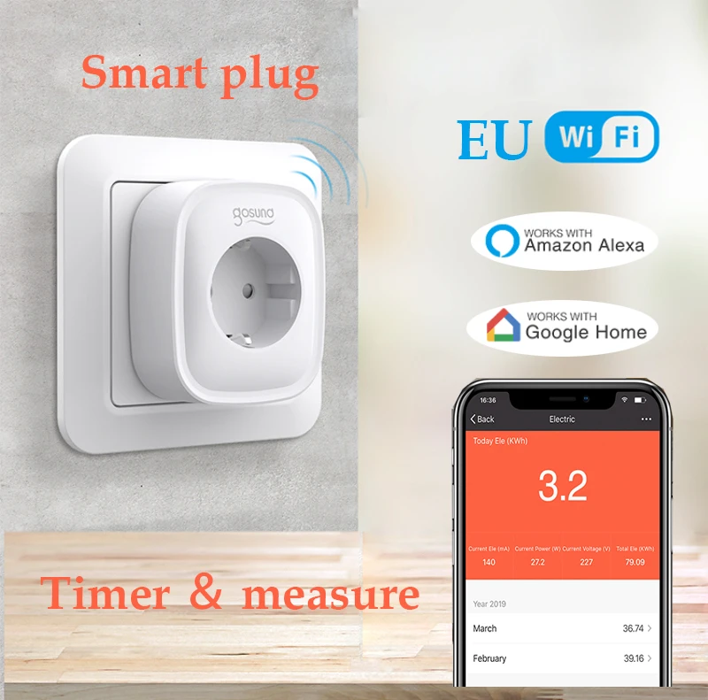 Gosand SP1 Smart Plug EU 16A wifi presa di corrente timer misura consumo energetico app monitor supporto alexa google tuya smart life