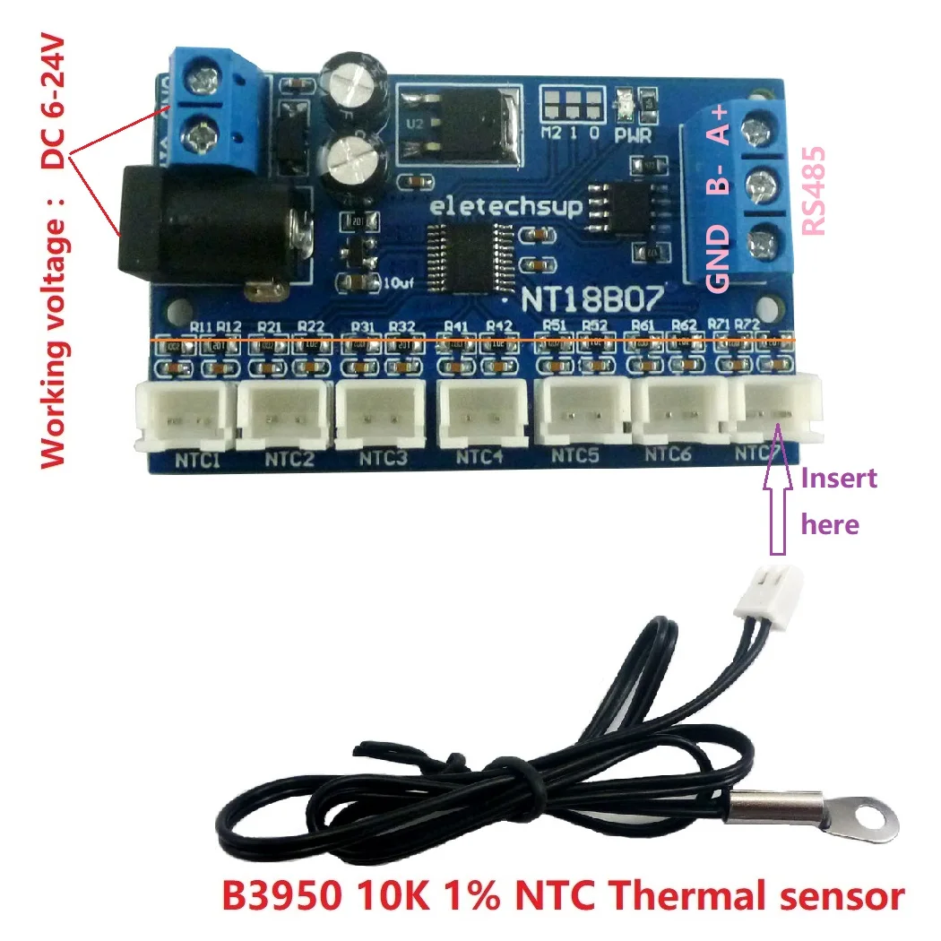 7x10K 3950 1% NTC и 7CH RS485 Плата датчика температуры Modbus Rtu дистанционный модуль сбора для