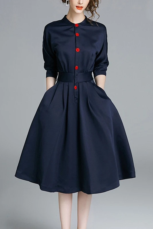 

COIGARSAM 3XL Plus Size Three Quarter Sleeve Women dress New Spring High Waist Dresses Navy Blue 8177