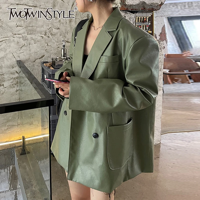 

TWOTWINSTYLE Korean Fashion Green Blazers For Women Notched Collar Long Sleeve Solid Minimalist Jackets Female Clothing 2021 New
