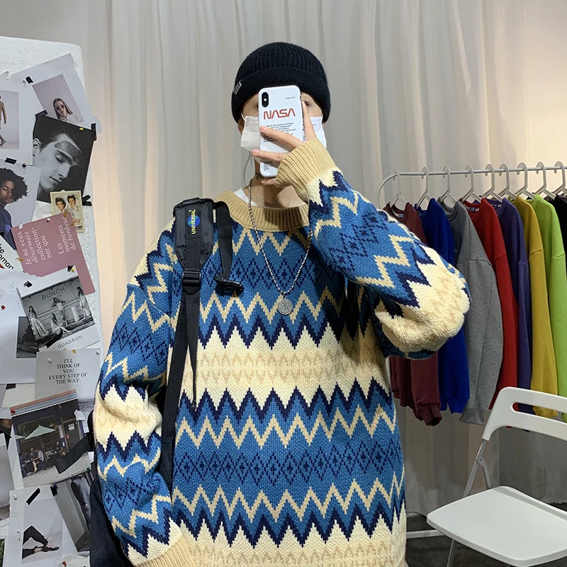 Sweater Men's Warm Fashion Contrast Color Casual Retro O-neck Knit Pullover Men Loose Knitting Sweaters Male Sweter Clothes