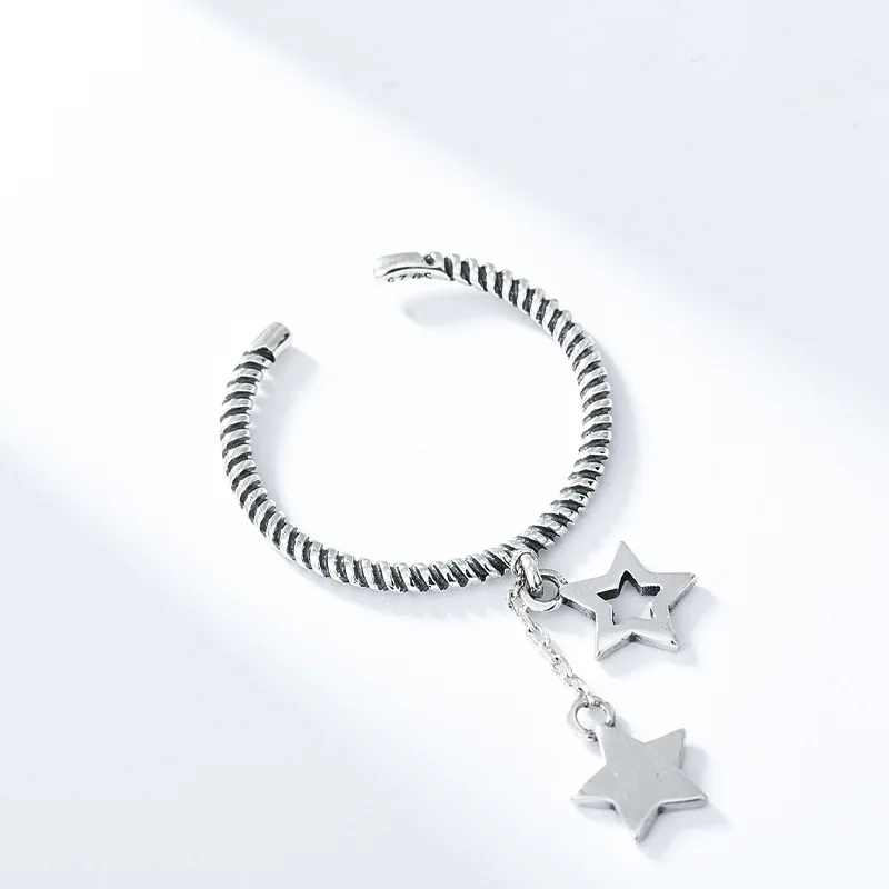 

S925 Sterling Silver Fashion Star Tassel Vintage Silver Ring For Women Delicate Ring Gothic Wedding Party Fine Jewelry Gift