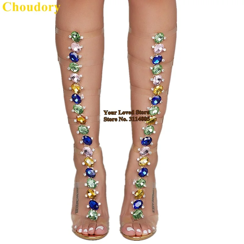 Женские сапоги на золотом каблуке Choudory блестящие до колена с драгоценными