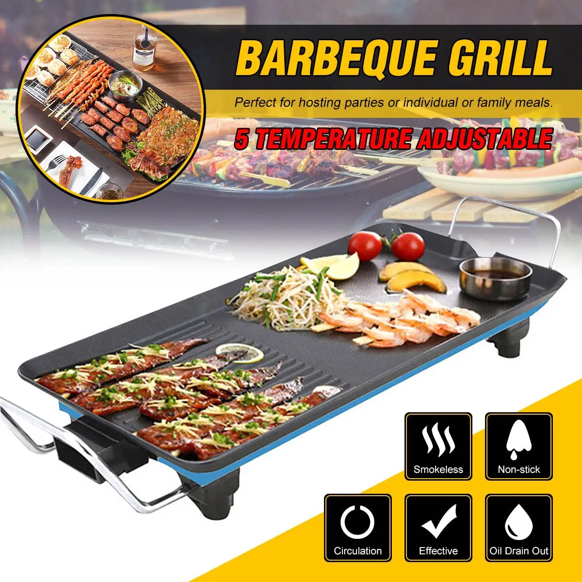 

1500W Non Stick Electric BBQ Grill Smokeless Barbecue Machine 5-Level Adjustable Household Electric Grill Ovens Cooking Tool