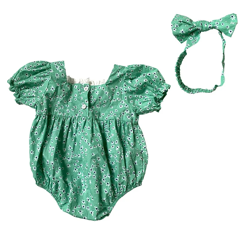 

Baby Girls Green Korean Romper with Hairband Newborn Solid Jumpsuit Twin Outfits Children Girls Dress Sister Matching Clothes