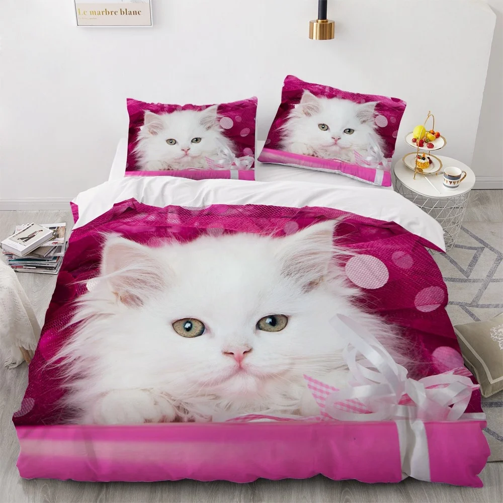 3D Bedding Sets Red Duvet Quilt Cover Set Comforter Bed Linen Pillowcase King Queen 210*210cm Size Pet Cat Design for Kids Girls