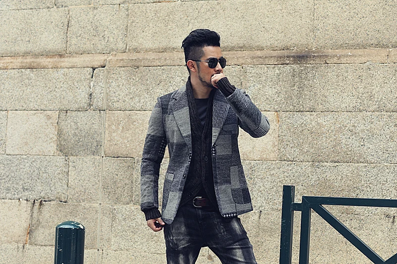 Мужской Клетчатый костюм в стиле ретро повседневный приталенный Серый блейзер