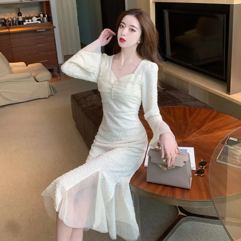 

French Dress 2021 New Spring Temperament Mid-Length Bag Hip Bottoming Fishtail Dress Women's Vestidos Mujer Flared Sleeve E482