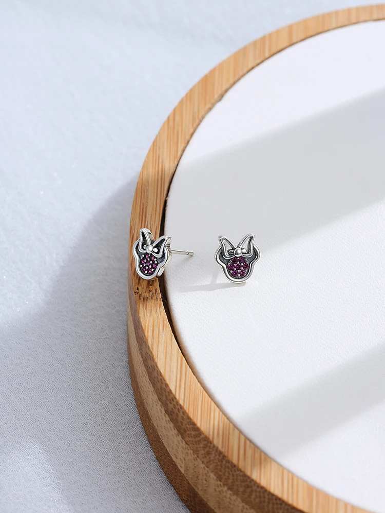 

SILVERHOO 925 Sterling Silver Cute Earrings For Women Girls Red Cubic Zirconia Sparkling Minnie Stud Earring Jewelry Presents