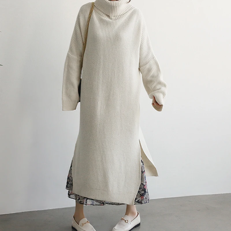 Женское вязаное платье свитер с высоким воротником повседневное длинное